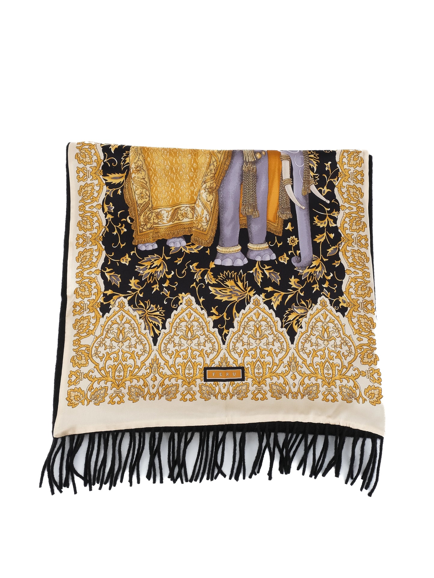 excellent feru silk scarf combined color gold black decorated elephants