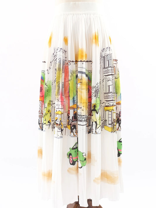 Excellent Vakko Pleated Skirt M Colorful Cityscape Design Polyester