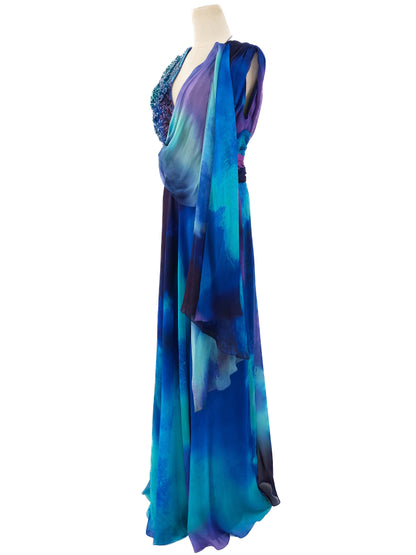 Perfect Silk Evening Dress Blue Turquoise Size L with Embellishments
