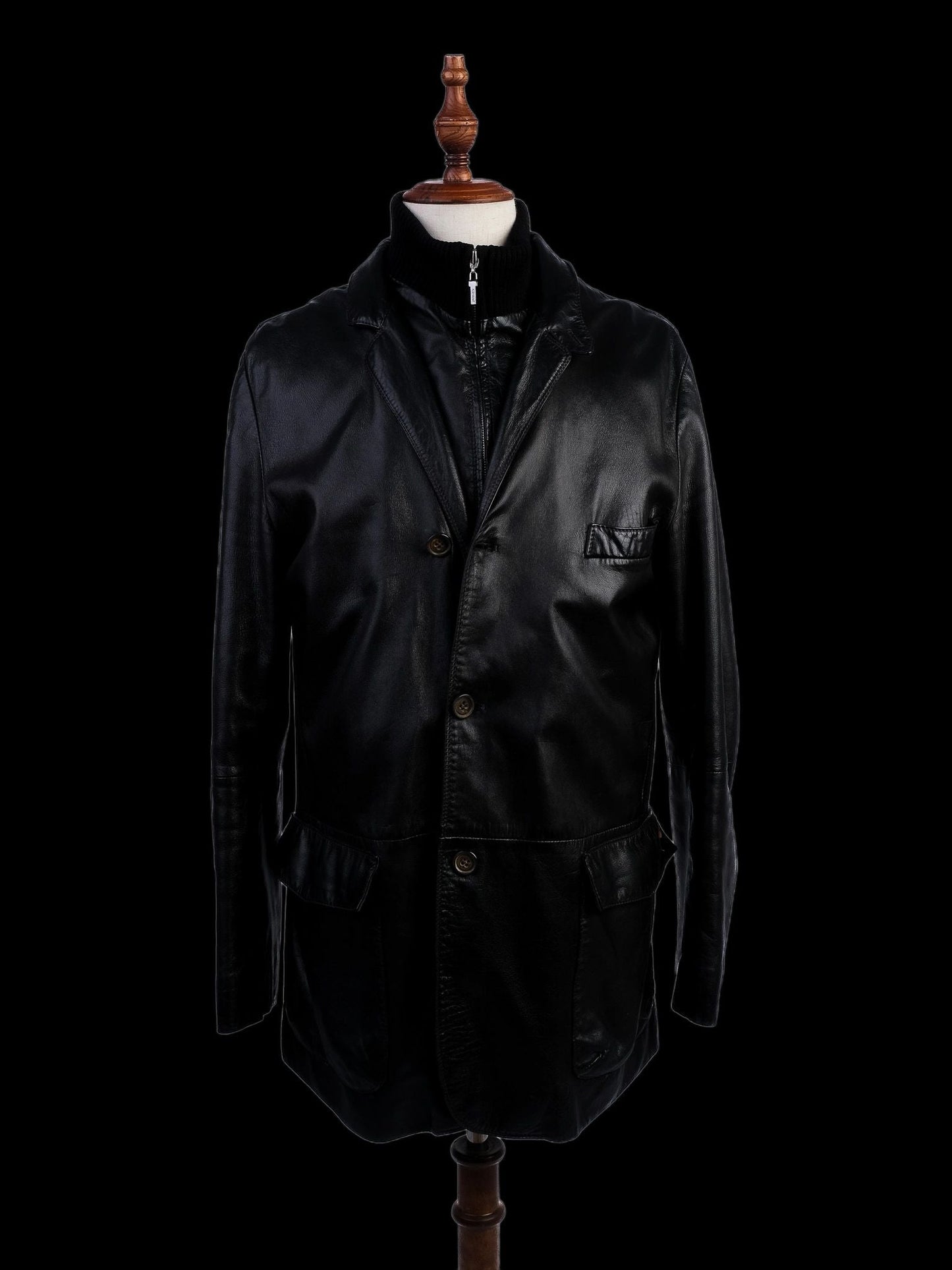 excellent a.testoni black leather jacket size l for men