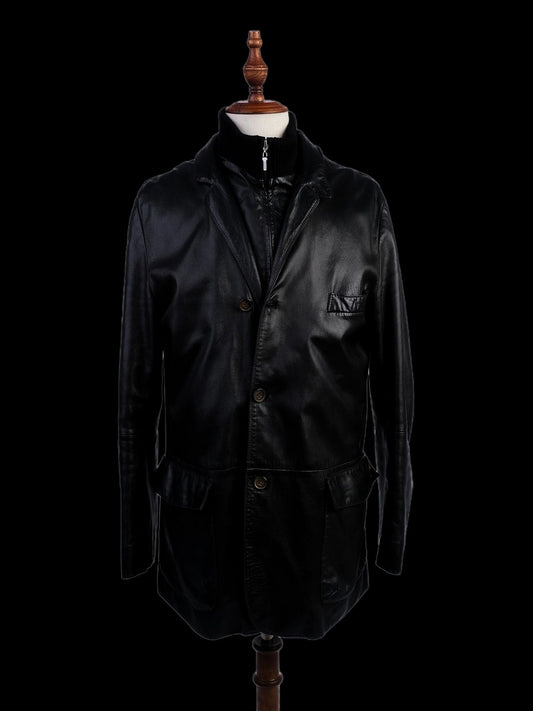 Excellent A.Testoni Black Leather Jacket Size L for Men