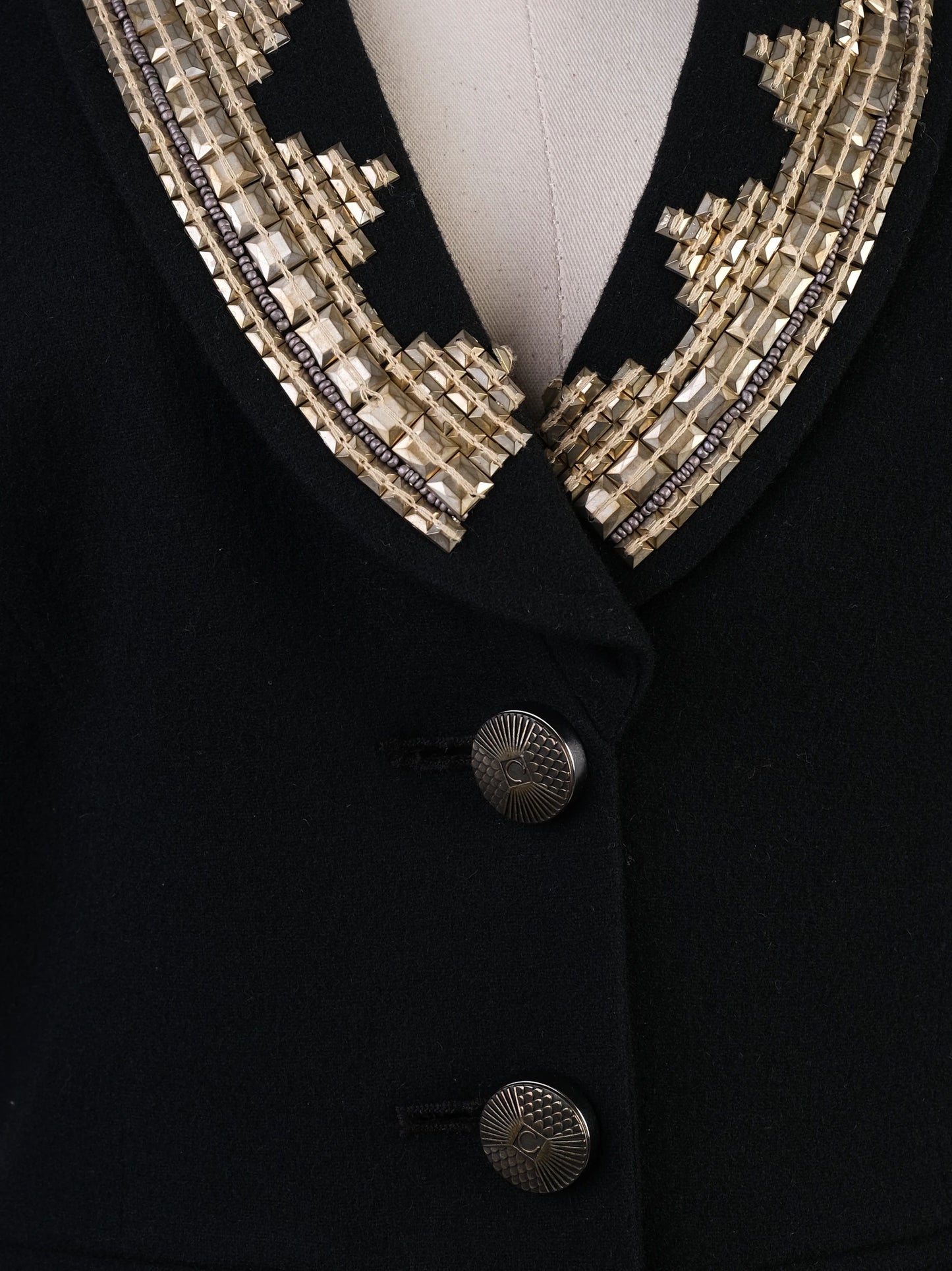 excellent class roberto cavalli black wool skirt suit with beaded collar