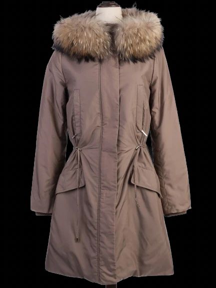 yves salamon gray winter coat xs with fur-trimmed hood