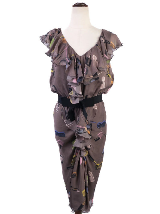Excellent Moschino Ruffled Dress Combined Silk Size M Makeup Print