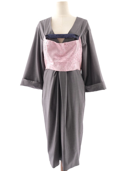 Dior Gray Wool Dress XL with Pink Kimono-Inspired Detail