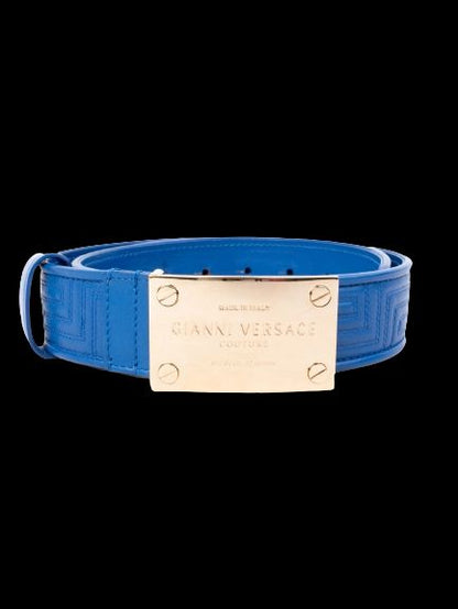 Excellent Versace Blue Leather Belt with Gold Buckle - Luxury Fashion