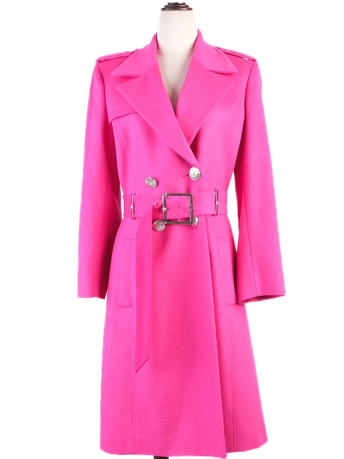 excellent versace pink wool trench coat size xl with belt