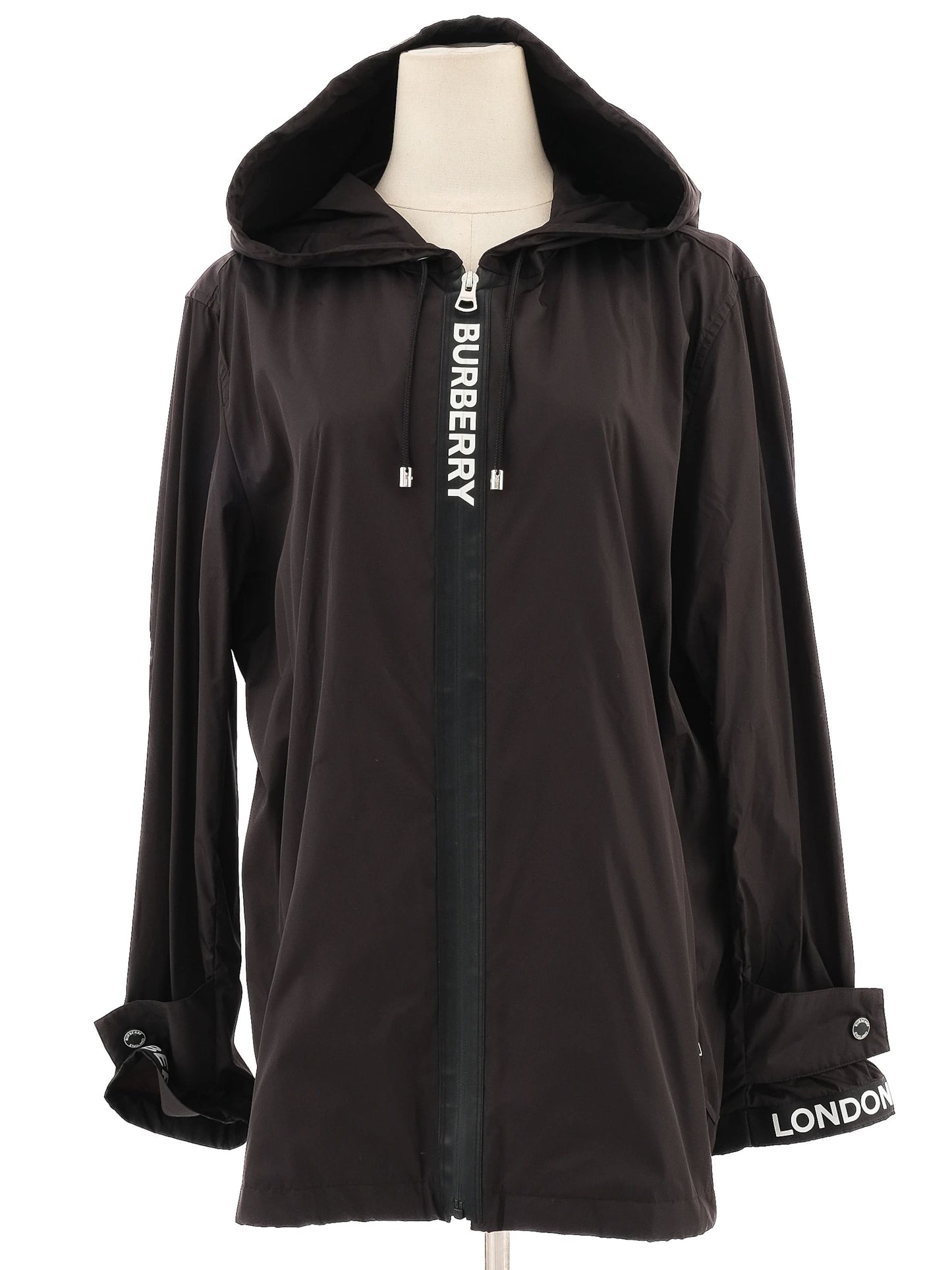 excellent burberry black hooded jacket size xl nylon women