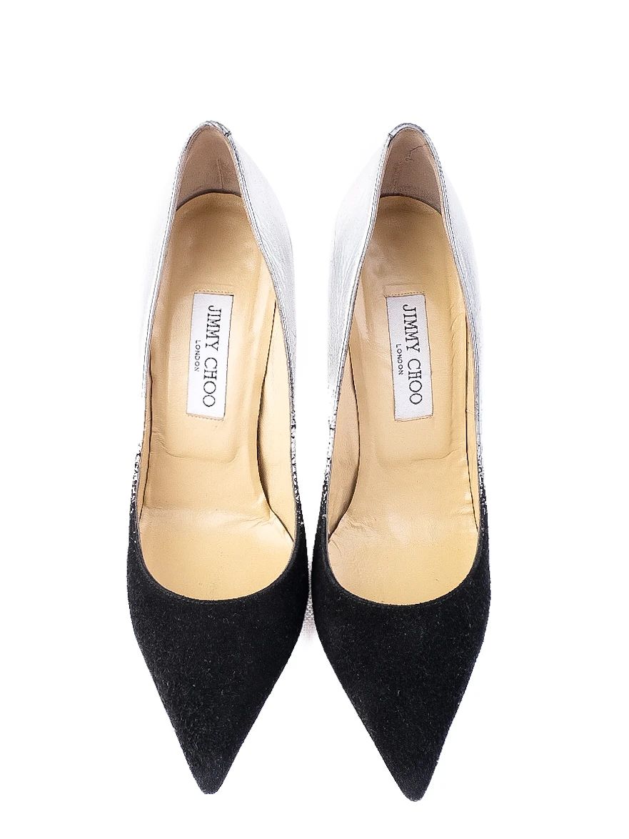 excellent jimmy choo black silver high-heeled shoes leather women's