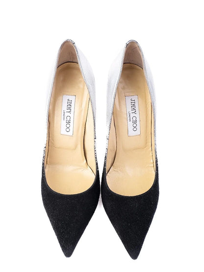 Excellent Jimmy Choo Black Silver High-Heeled Shoes Leather Women's