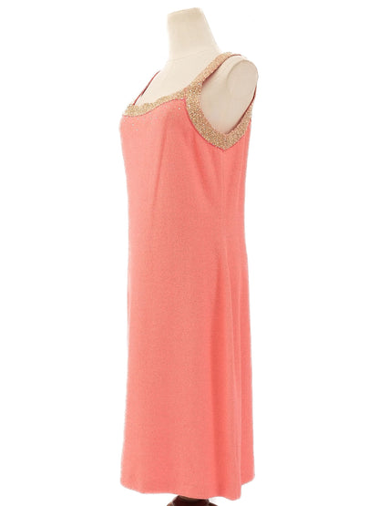 Excellent St. John Pink Wool Sleeveless Dress Size L with Gold Details