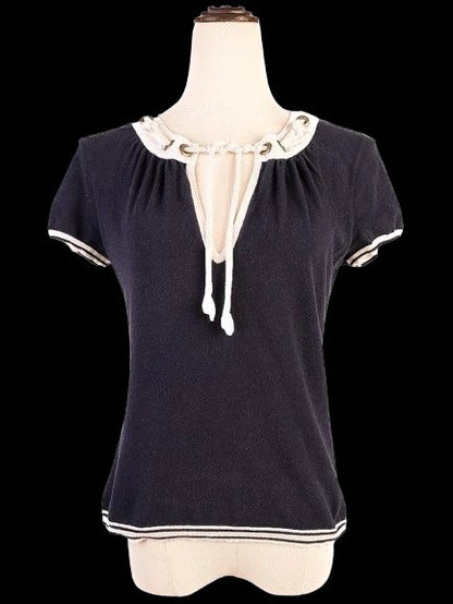 Excellent Moschino Navy Blue Blouse M Cotton Short Sleeve Women