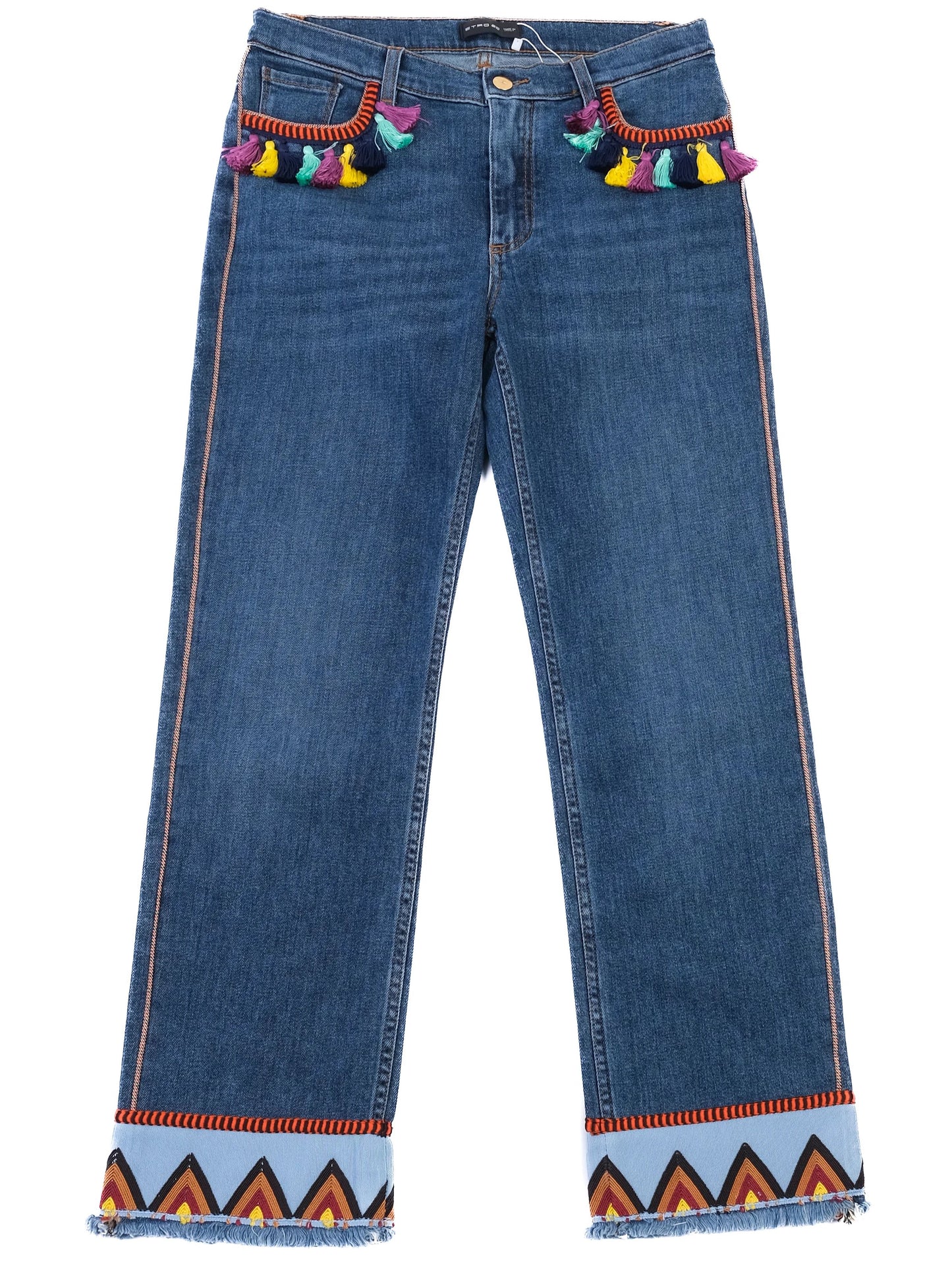etro embellished blue cotton jeans m with colorful tassels
