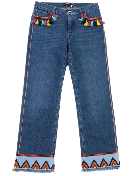 Etro Embellished Blue Cotton Jeans M with Colorful Tassels