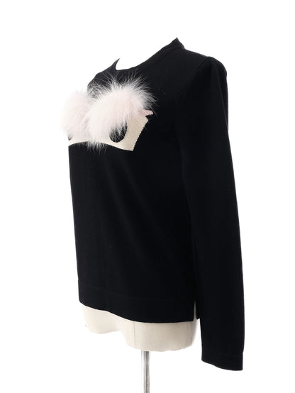 Excellent Fendi Black Wool Sweater with Fur Detail Size M
