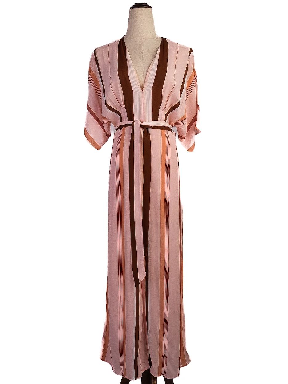 average condition uterque pink striped dress size s v-neck wide sleeves