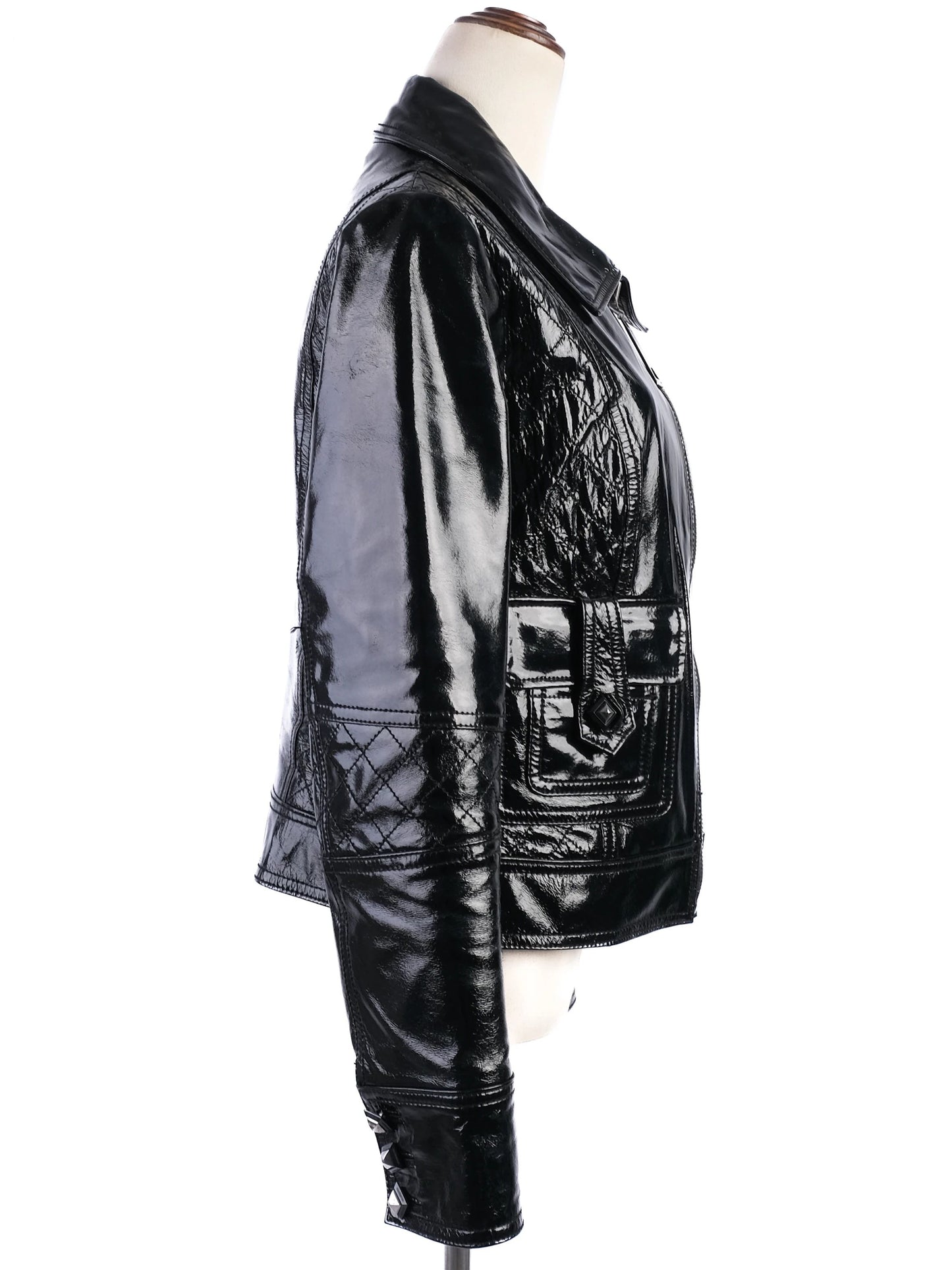 excellent roccobarocco black leather jacket size l with quilted detailing