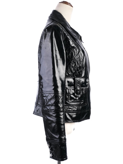 EXCELLENT Roccobarocco Black Leather Jacket Size L with Quilted Detailing