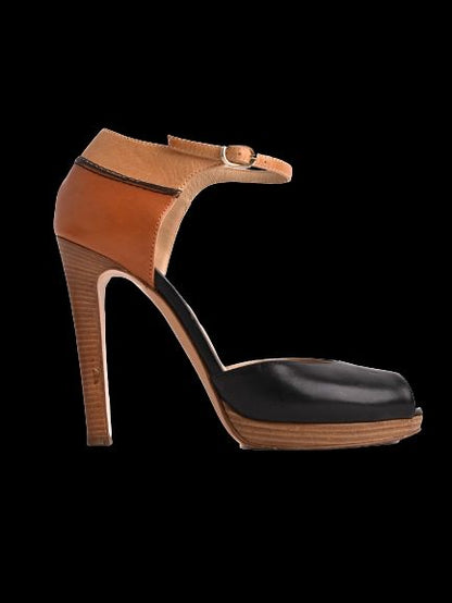 Good Vicini Peep-Toe High-Heels Black Tan Brown Leather Size 36.5