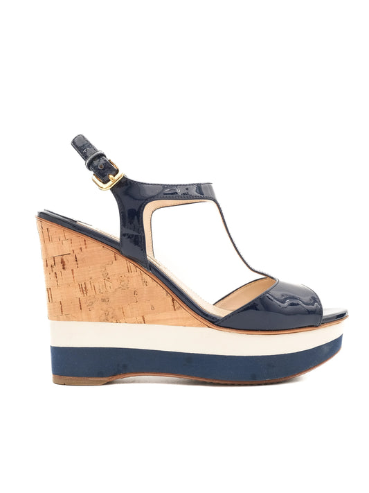 Excellent Prada Blue Leather Wedge Sandals Size 38 with Ankle Strap