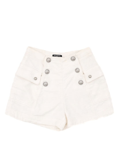 Excellent Balmain White Cotton Shorts with Silver Buttons Size S