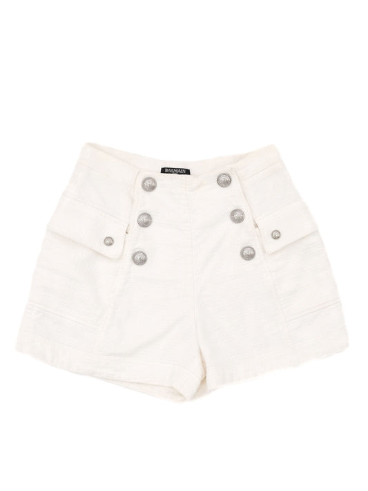 Excellent Balmain White Cotton Shorts with Silver Buttons Size S
