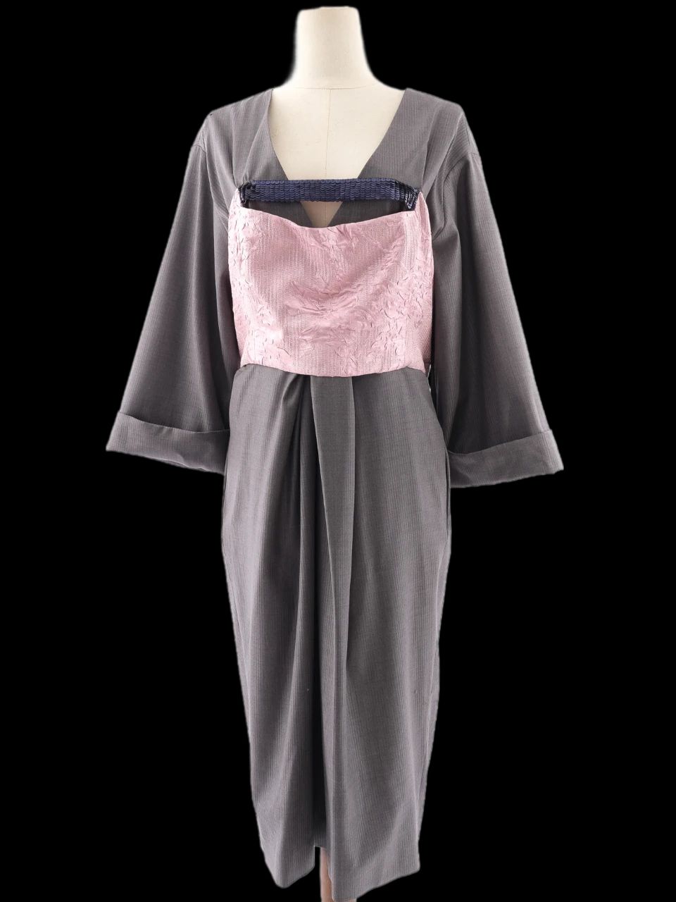 dior gray wool dress xl with pink kimono-inspired detail