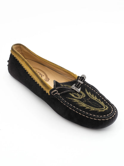 Excellent Tod's Black Leather Moccasins Size 39 with Yellow Detailing