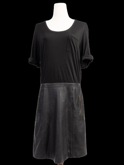 Excellent Burberry Black Silk Dress Size L with Leather Skirt