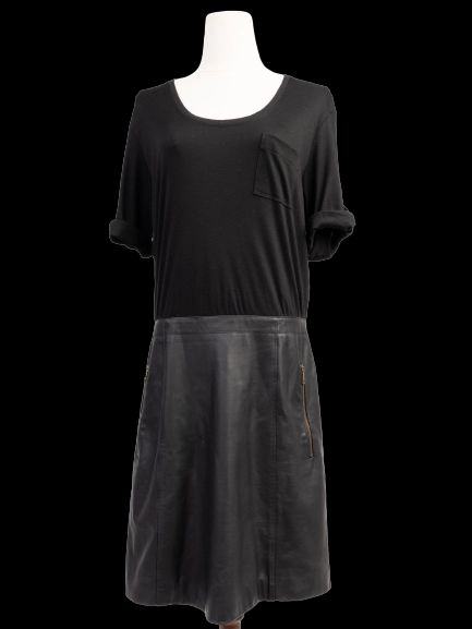 Excellent Burberry Black Silk Dress Size L with Leather Skirt