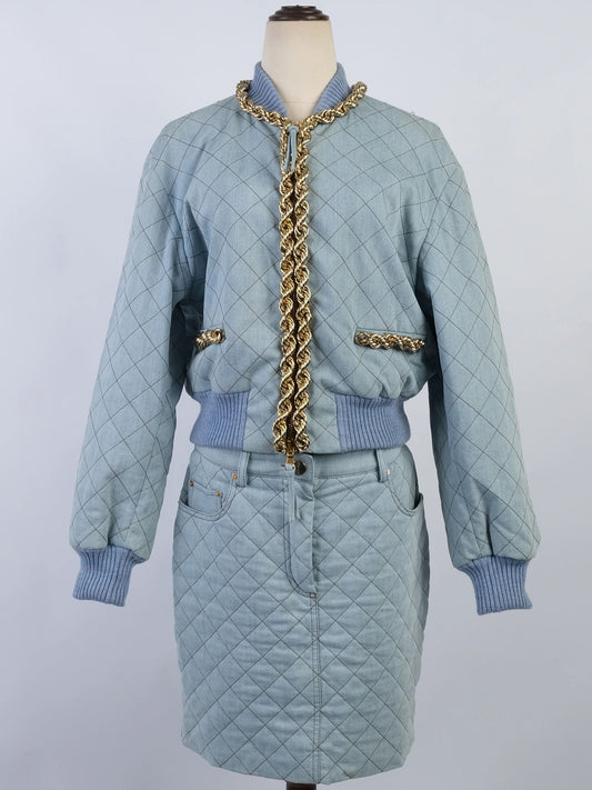 Excellent Moschino Blue Quilted Denim Jacket & Skirt Set
