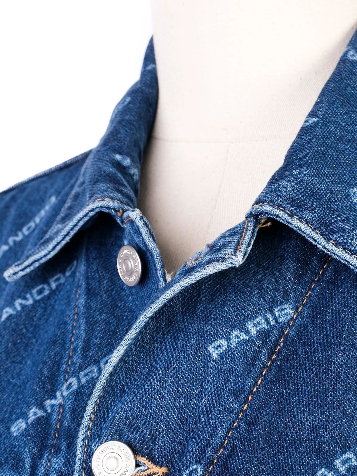 new sandro blue denim jacket size l with logo print