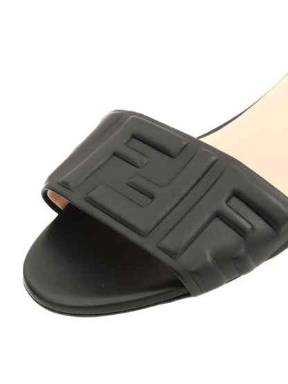Excellent Fendi Black Leather Slide Sandals Size 37 with Embossed Design