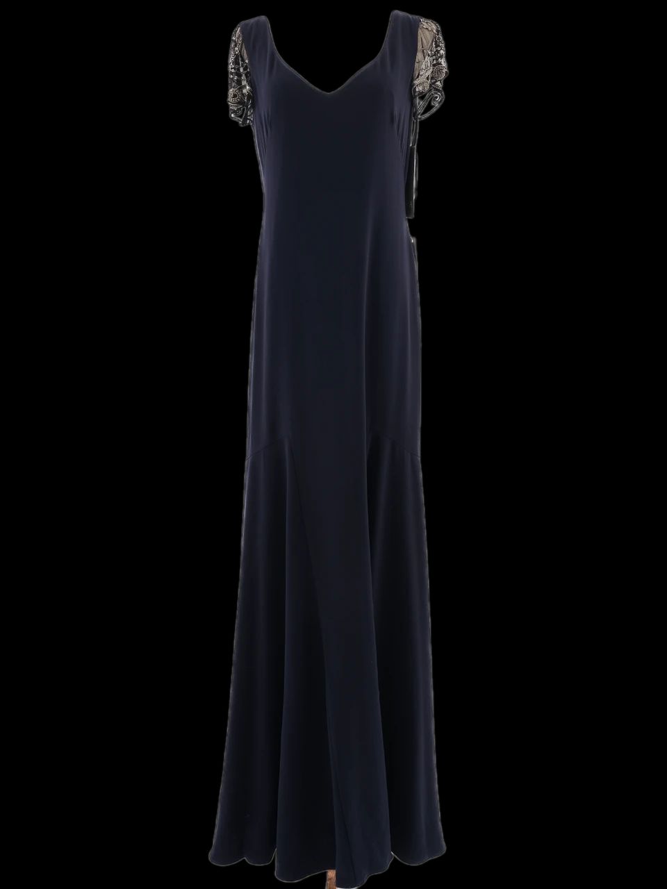 new theia couture formal navy blue gown size xl with beaded details
