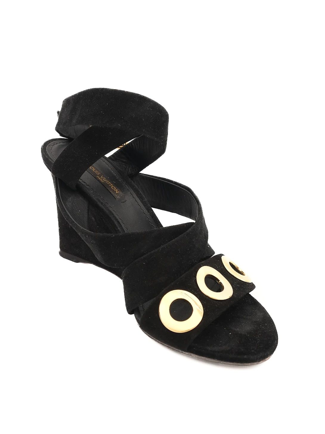 excellent louis vuitton black suede wedge sandals size 36.5