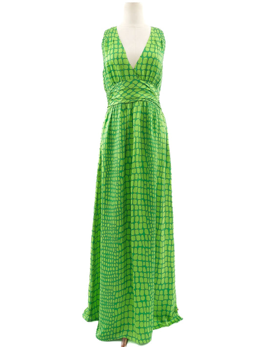 Excellent Moschino Green Silk Long Dress Size L V-Neck Geometric Pattern