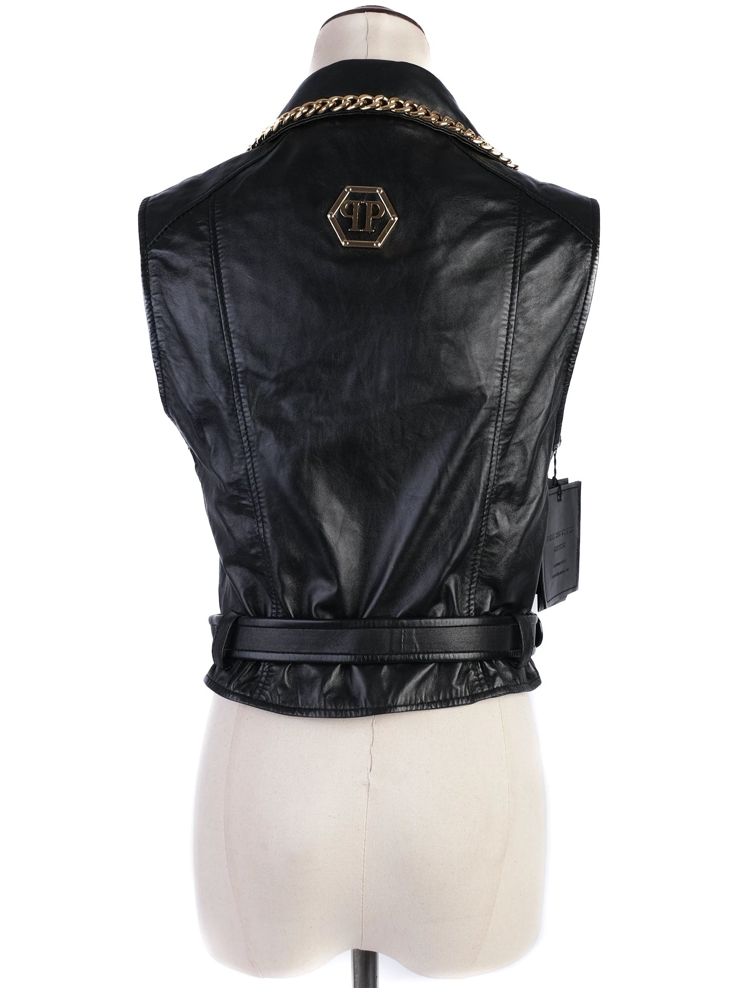 new phillipp plein black leather vest m with gold chain accents