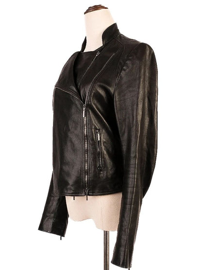 Excellent Plein Sud Black Leather Jacket Size S with Zipper Pockets