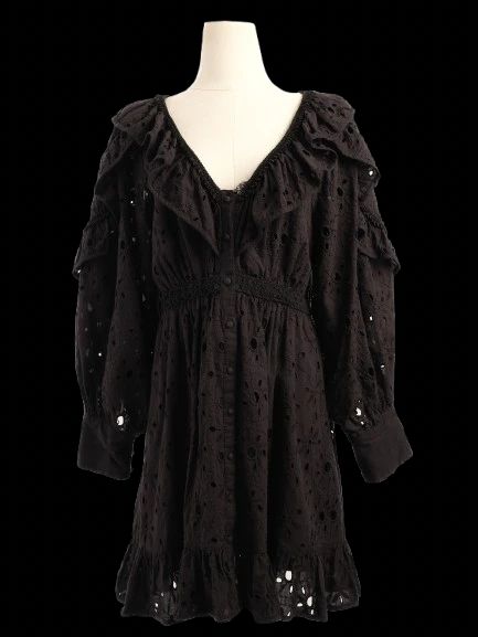 excellent uterque black cotton dress m with ruffle & embroidery details