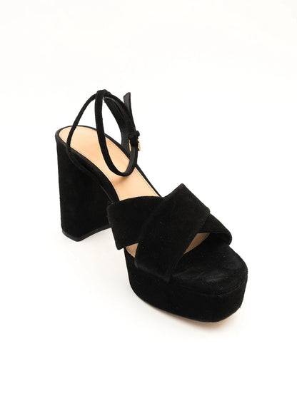Excellent Uterque Black Genuine Suede Platform Heeled Sandals Size 39