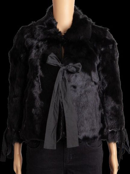 Good Red Valentino Black Fur Jacket Size M with Bow Tie Details