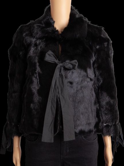 Good Red Valentino Black Fur Jacket Size M with Bow Tie Details