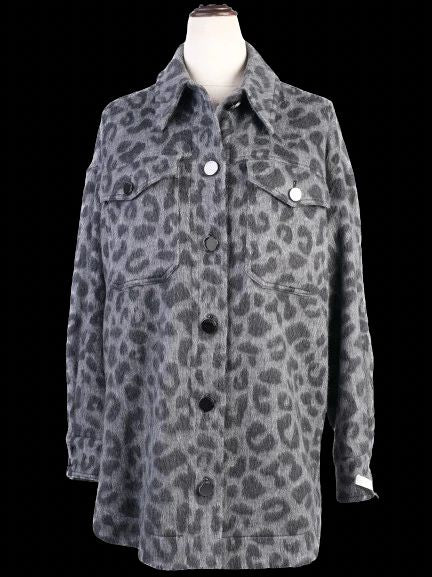 ted baker gray leopard print wool jacket with large buttons