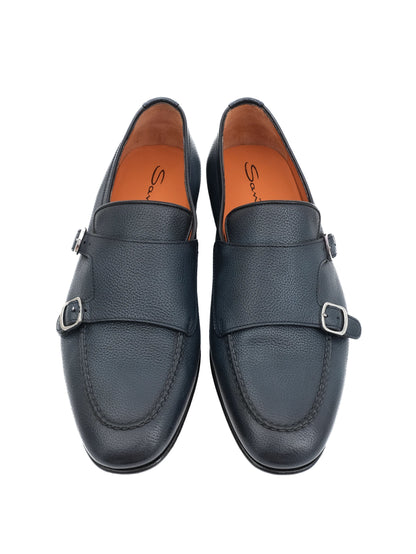 Excellent Santoni Black Leather Monk Strap Shoes Size 42.5