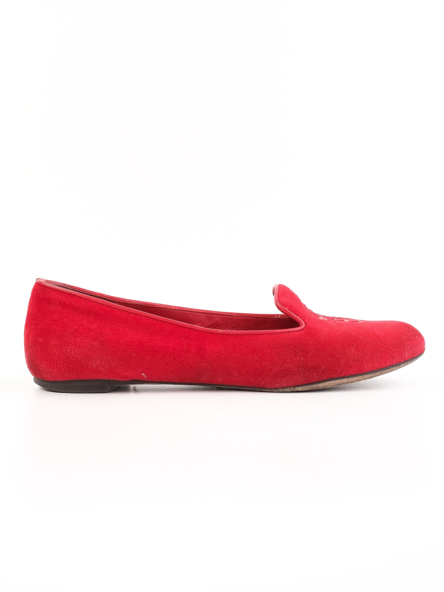 good alexander mcqueen red velvet slipper shoes with silver skull size 36