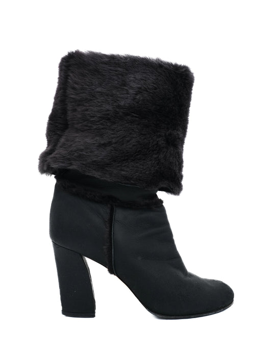 Good Casadei Black Leather Ankle Boots with Fur Cuff, Size 36.5