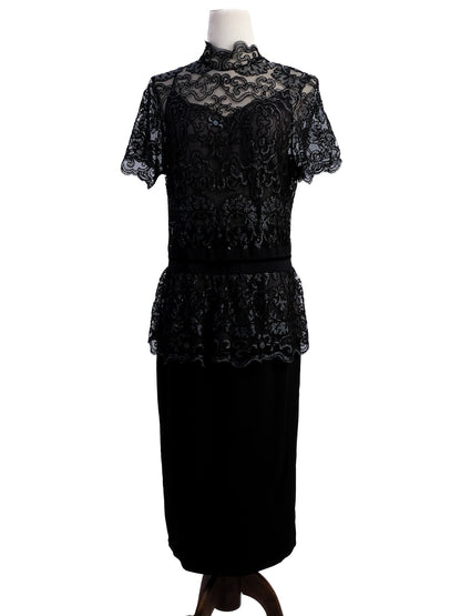 Excellent Clips Black Lace Dress XL Floral Overlay Peplum Waist