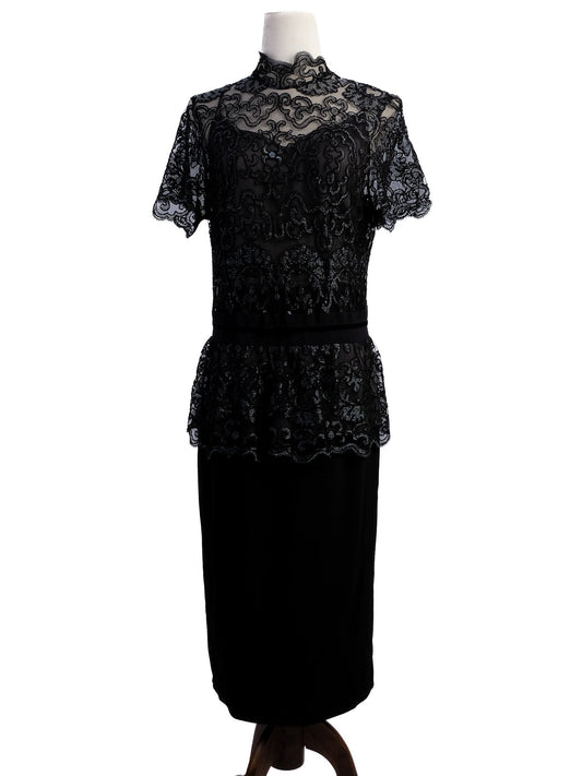 Excellent Clips Black Lace Dress XL Floral Overlay Peplum Waist