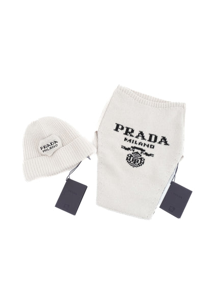 NEW Prada Gray Wool Kids Beanie and Scarf Set Size M