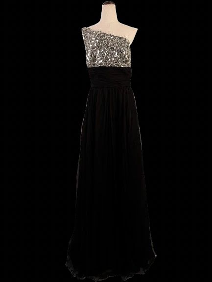 perfect sherri hill black one-shoulder evening gown with silver embellishments